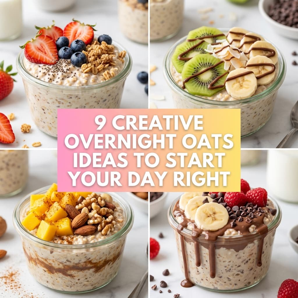 A collage of four glass jars featuring creative overnight oats recipes topped with fresh strawberries, blueberries, kiwi, bananas, raspberries, walnuts, almonds, and chocolate drizzle. A central pink and yellow text overlay reads "9 Creative Overnight Oats Ideas to Start Your Day Right."